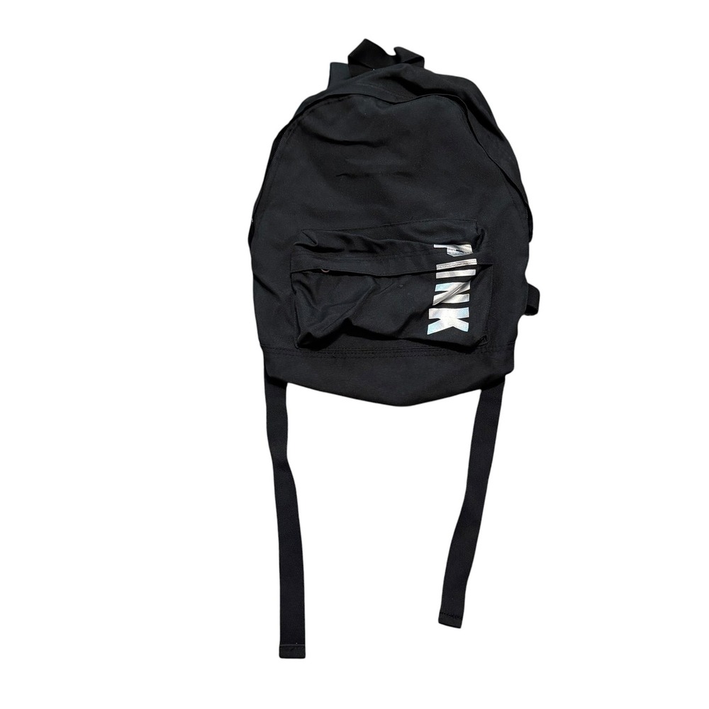 Victorias Secret PINK Black Canvas Backpack Silver Metallic Logo School Bag